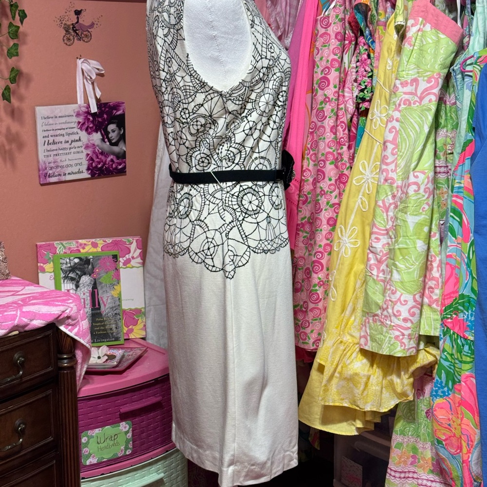 Lilly Pulitzer cream color dress with elegant lace design and black snap belt. - Picture 3 of 5